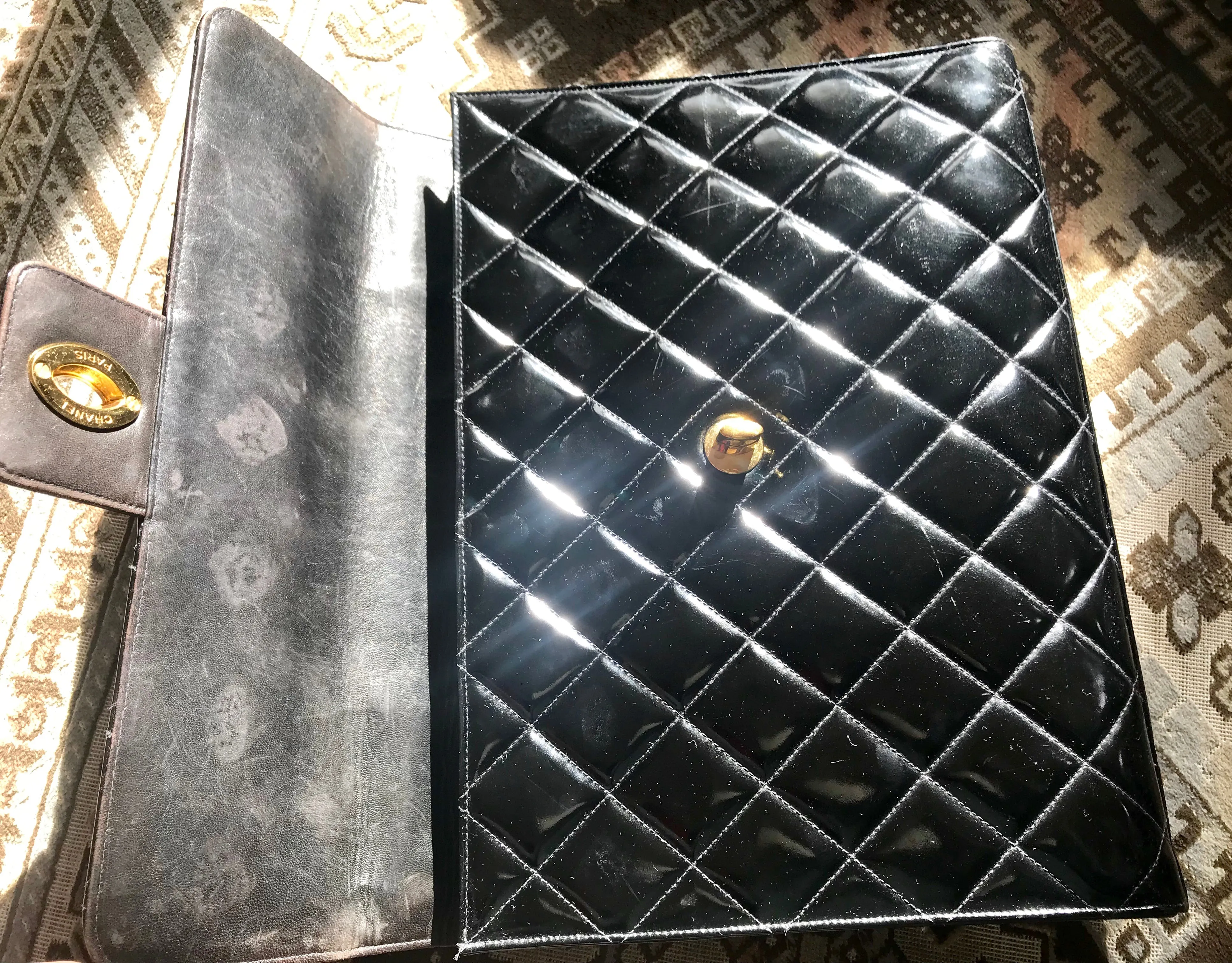 1990s. Vintage CHANEL black patent enamel briefcase business bag with golden large CC motif. Classic and traditional masterpiece you must have.