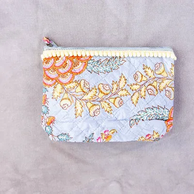 Block Print Cotton Pouch Medium - Sky Blue Floral