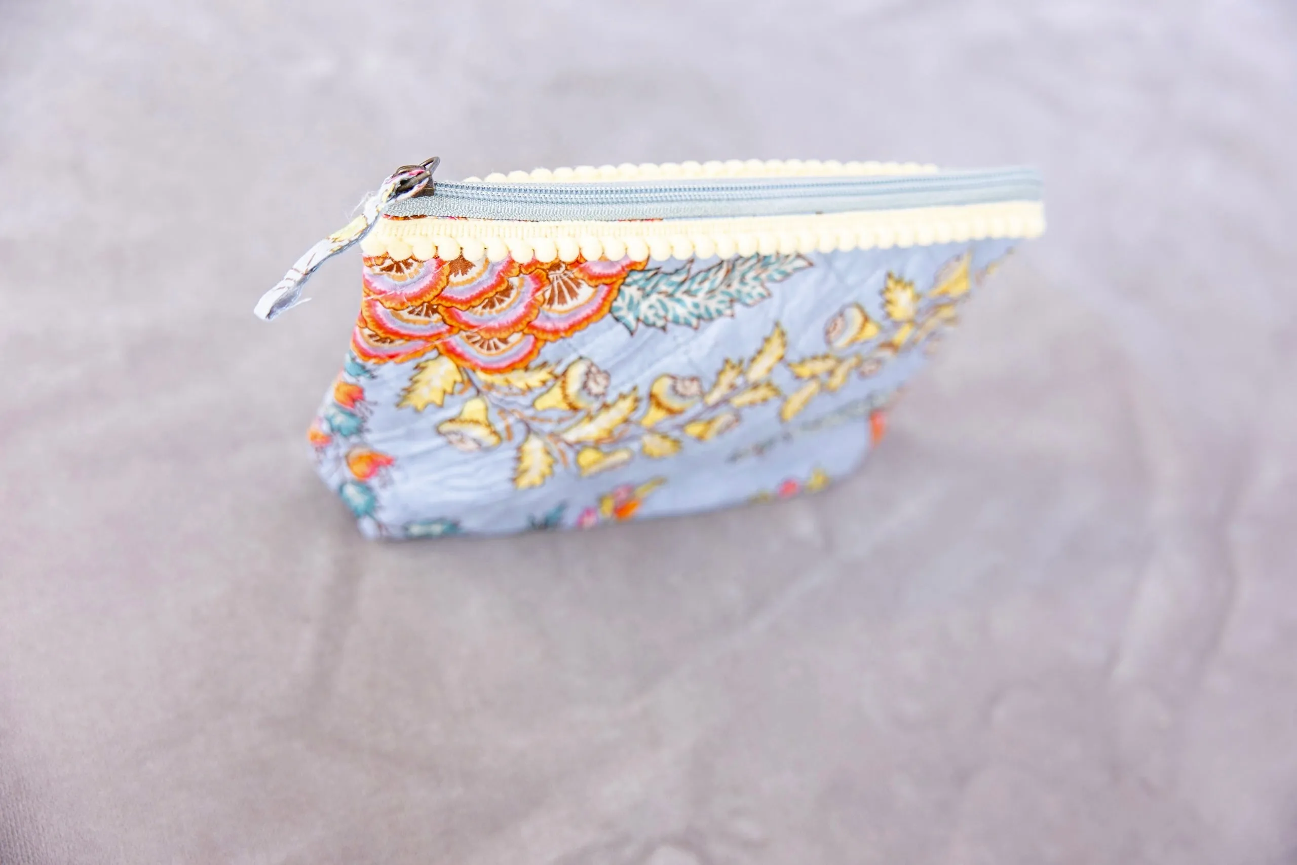 Block Print Cotton Pouch Medium - Sky Blue Floral