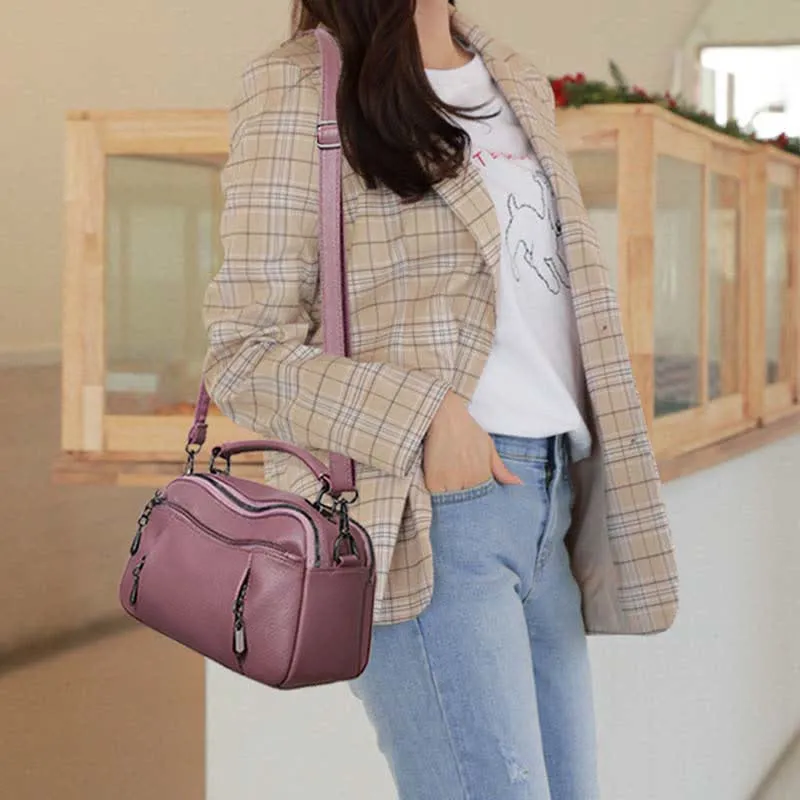 Multi-Pocket Leather Crossbody Purse for Women Small Top Handle Satchel Handbag