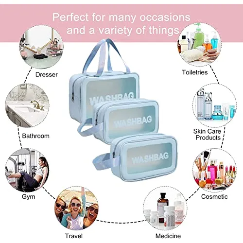 Xelvix Makeup Pouch Travel Toiletries Organizer Cosmetic Bags Portable Organizer Case Carry Pouch for Women Bathroom Set of 3 (Blue)